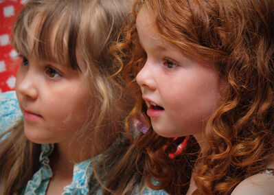 Keywords: girls,faces,children,two young girls in profile,long red hair,long blonde hair