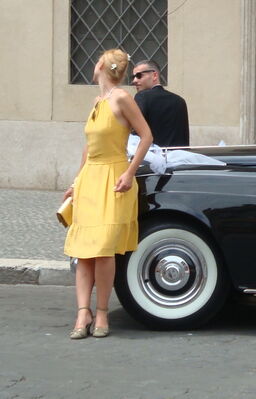 Keywords: car,auto,girl,wedding,lady,man,tire,yellow dress,purse,tuxedo