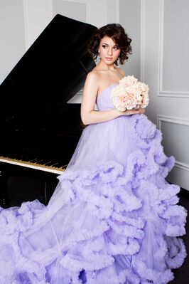 Keywords: girl,portrait,woman,profile,piano,purple ruffles,gown,bouquet