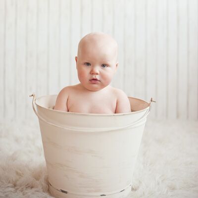 Keywords: portrait,child,kid,baby in a bucket,pail,naked,bath.bathing