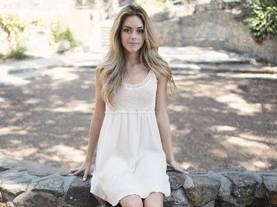 Keywords: girl,steps,stone,white dress,long,blonde,outdoors,shadows,short