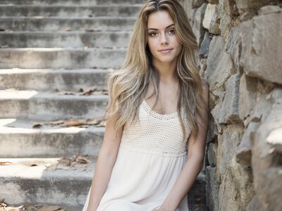 Keywords: girl,steps,stone,wall,white dress,long blonde hair,sunny