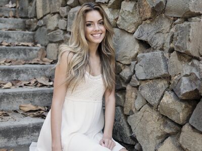 Keywords: girl,steps,stone,big smile,leaves,white dress,blonde hair,leaning