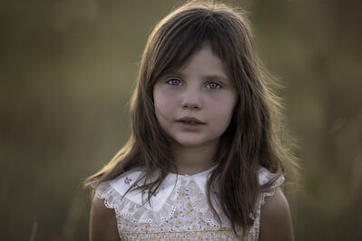 Keywords: girl,kid,child,brown hair,long,white dress with light pattern