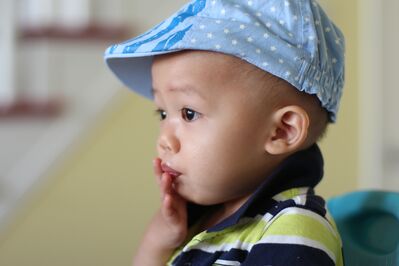 Keywords: blow kiss,boy,child,kid,cap,yellow and black shirt,blue,asian,baby,todler