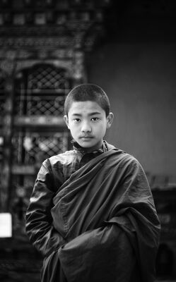 Keywords: boy,asian,black and white,monk,robe,short hair,temple