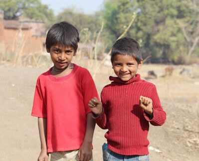 Keywords: boy,child,kid,children,boys,red shirts,torso,indian,sand,trees,hands up