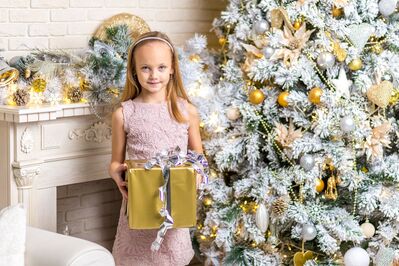 Keywords: portrait,girl,pink lace,present,Christmas tree,Xmas,fireplace,gold paper,ribbon,blonde