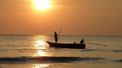 Keywords: Fishing in the sea in watercolor - 20:33,sunrise,ocean,man,silhouette,sun,orange sky