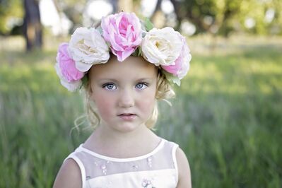 Keywords: girl,kid,child,flowers,pink,white,dress,green grass,headdress