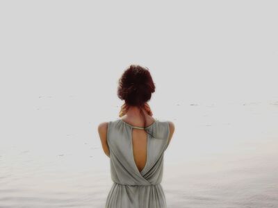 Keywords: woman,silver dress,exposed back,brown hair,facing away