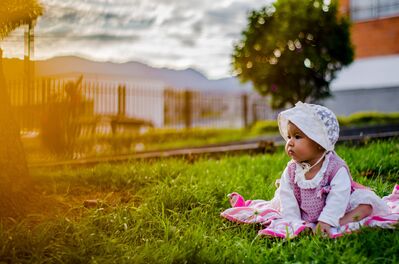 Keywords: baby in the grass,pink and white blanket,lavender sweater,bonnet,hat,green bush,fence,mountains