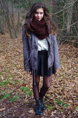 Keywords: girl,woman,youth,young,fall,autumn,black boots,dark stockings,lavender sweater,purple scarf,white shirt,brown leaves