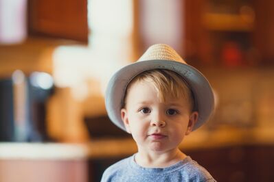 Keywords: boy,hat,fedora,blue shirt,inside,blonde