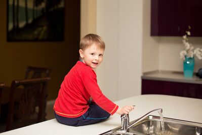 Keywords: child,boy,kid,sitting on counter,sink,water,dining room table and chairs,red shirt,blue vase with white phalaenopsis,flowers,black pants