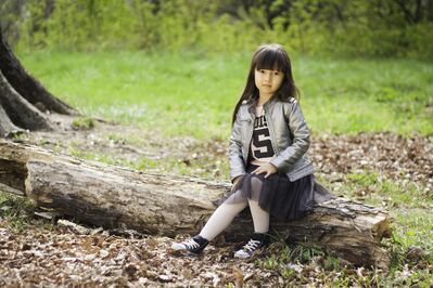 Keywords: girl,kid,child,silver jacket,tennis,log,seated,green grass,borwn hair,skirt,outdoors