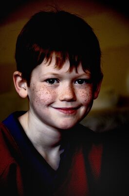 Keywords: portrait,boy,red shirt,hair,young,strong shadows