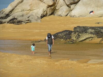 Keywords: little girl,girl,parent,walking,water,stream,sand,rocks