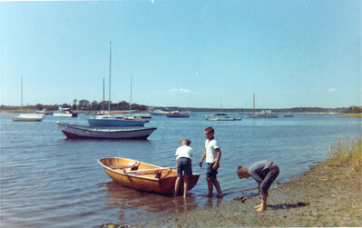 Keywords: boys,beach,boat,cape cod,Watercolor painting of 3 boys going boating at Cape Code