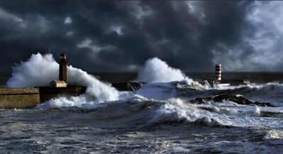 Keywords: painting of a lighthouse in heavy surf