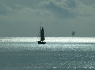 Keywords: sail,sailboat,solitary,lone,calm,sea,ocean,grey sky,Watercolor of a dreamy ocean - 16:44