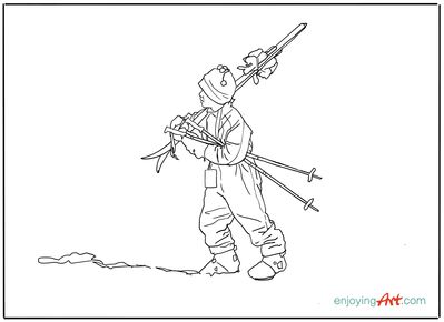 Keywords: skier,go skiing,boy,line drawing