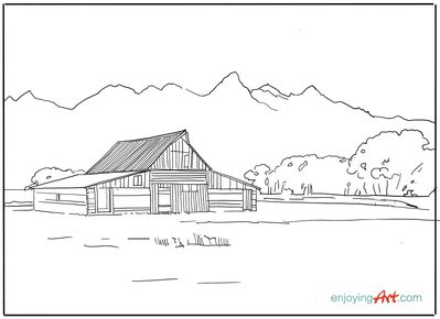 Keywords: line drawing,barn,landscape