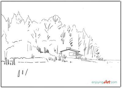 Keywords: line drawing,cabin,landscape