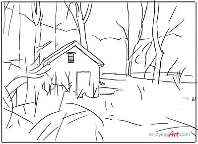 Keywords: snow,cabin,house,fence,trees