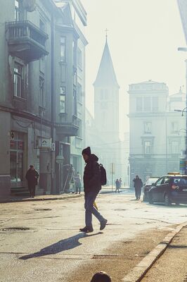 Keywords: morning,street,cast shadow,man,walking